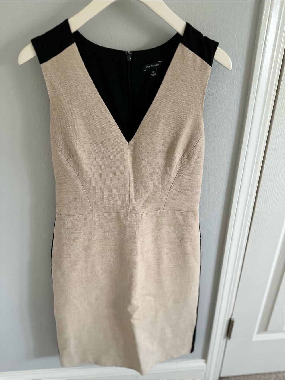 Ann Taylor Beige Sheath Dress with Black Accent Panels